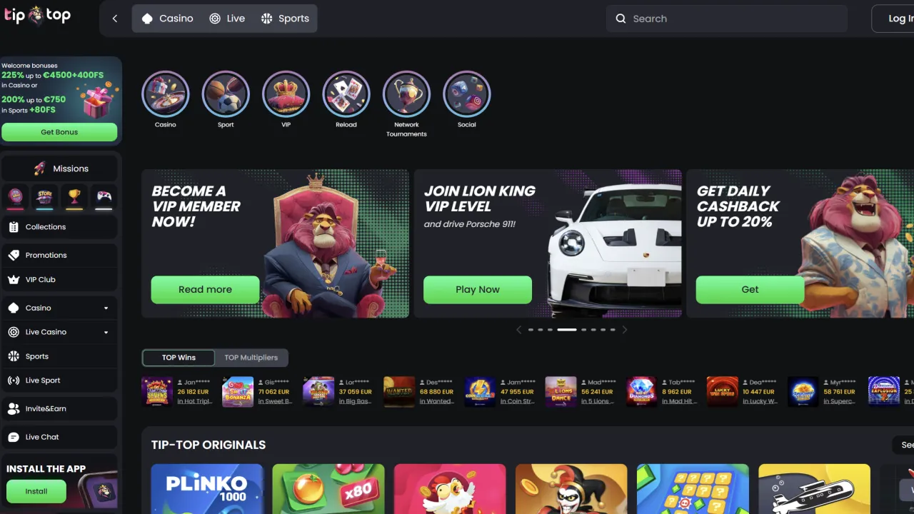 De website van TipTop, met de kassa achter het accountmenu.
